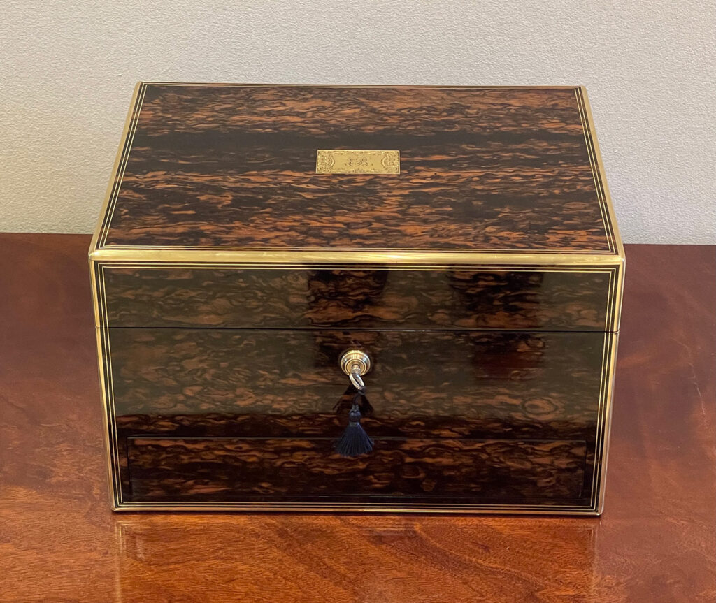 Front view of an Antique Silver Mounted Dressing Case in Coromandel, by William Tooke.