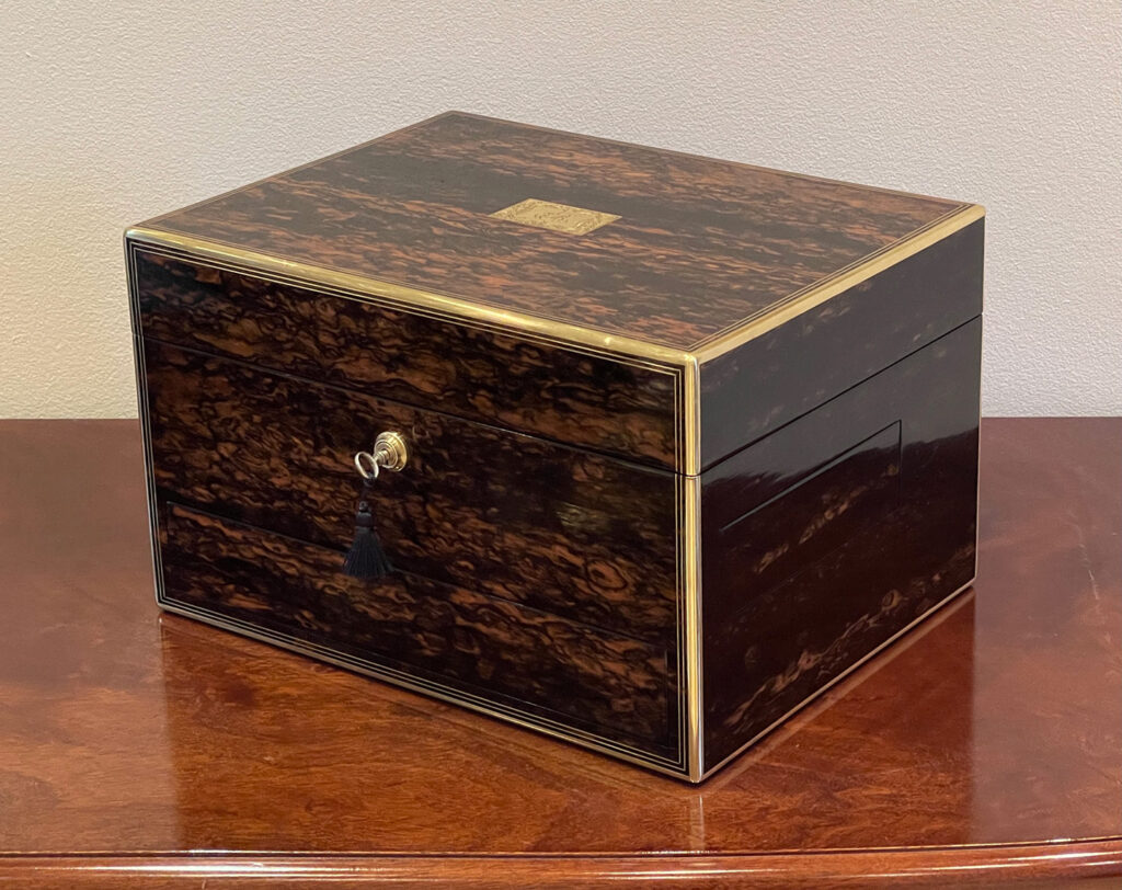 Front right view of an Antique Silver Mounted Dressing Case in Coromandel, by William Tooke.