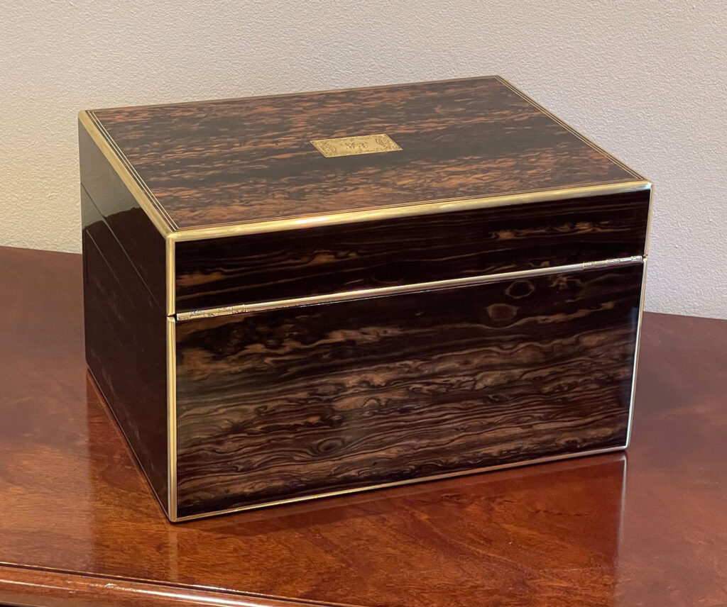 Rear right view of an Antique Silver Mounted Dressing Case in Coromandel, by William Tooke.