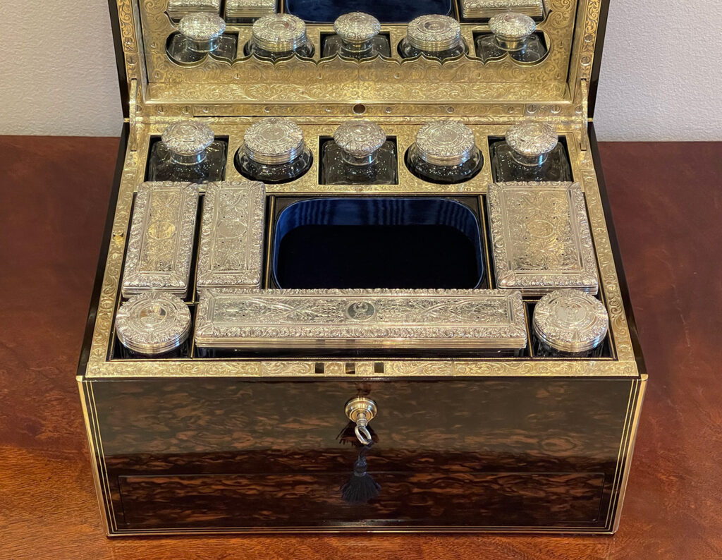 Overhead interior view of an Antique Silver Mounted Dressing Case in Coromandel, by William Tooke.