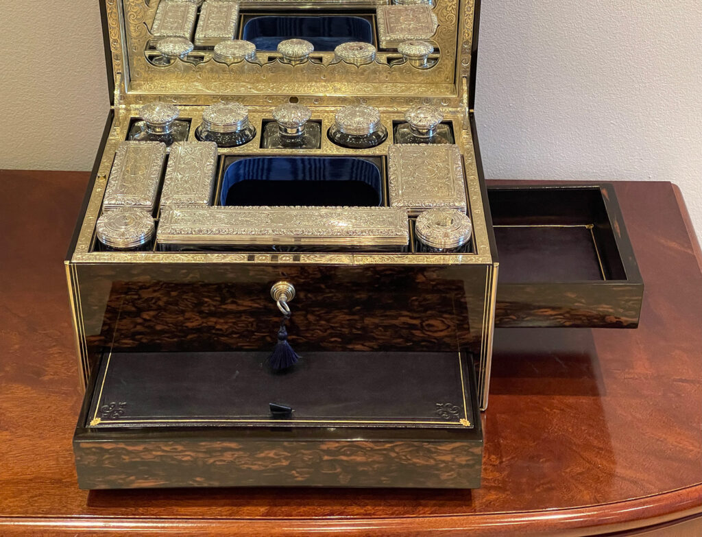 Closer front open view of an Antique Silver Mounted Dressing Case in Coromandel, by William Tooke.