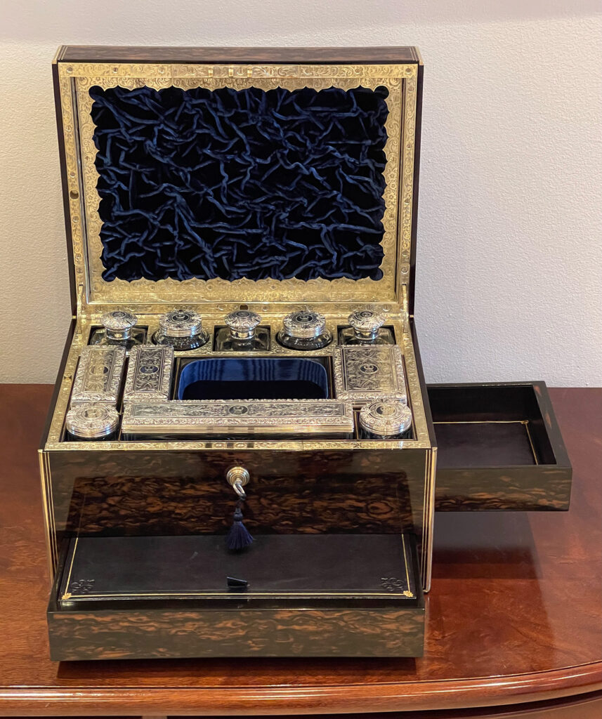 Front internal view of an Antique Silver Mounted Dressing Case in Coromandel, by William Tooke.