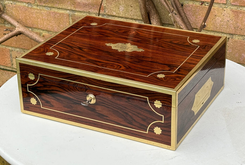 Front right view of a Very Rare 1816 Edwards Retail Presentation Kingwood Jewellery Box.