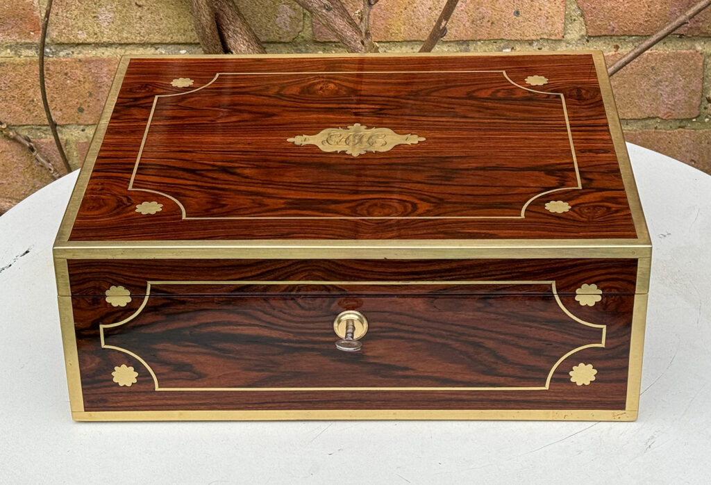 Front view of a Very Rare 1816 Edwards Retail Presentation Kingwood Jewellery Box.