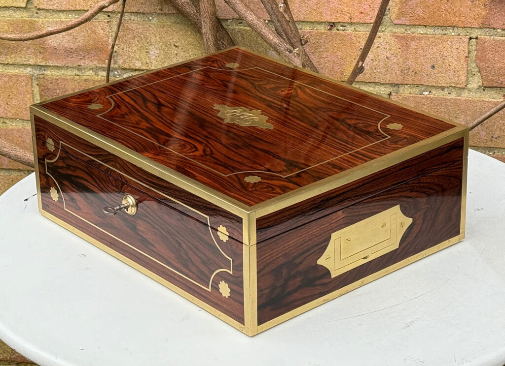 Front right side view of a Very Rare 1816 Edwards Retail Presentation Kingwood Jewellery Box.