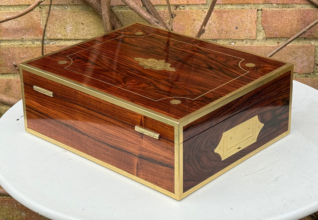 Rear left view of a Very Rare 1816 Edwards Retail Presentation Kingwood Jewellery Box.