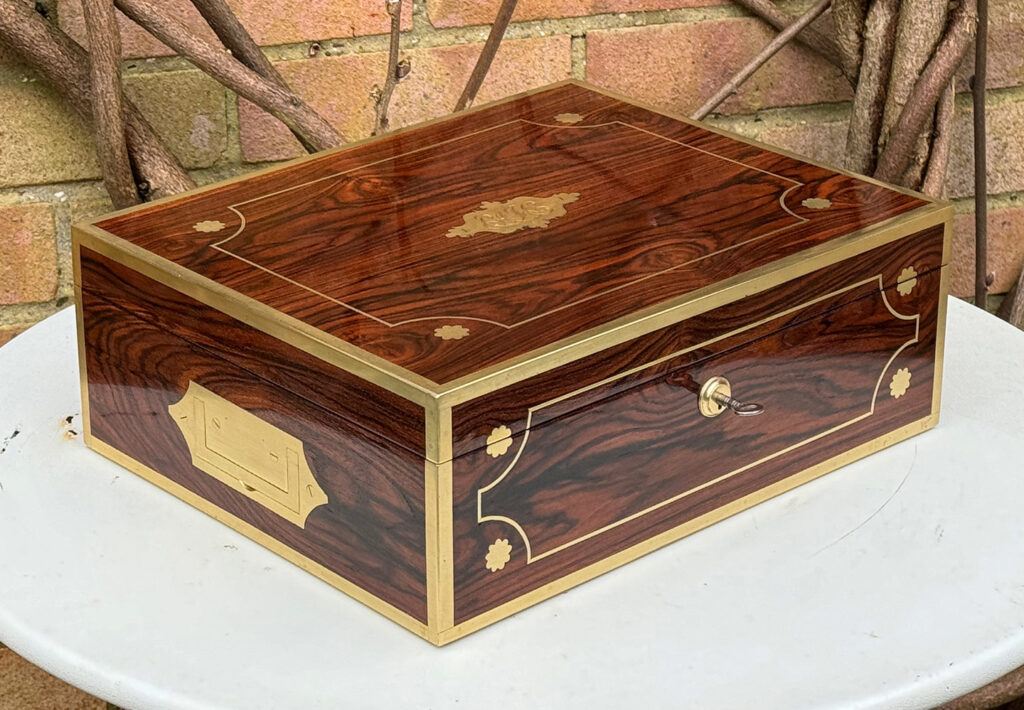 Front left view of a Very Rare 1816 Edwards Retail Presentation Kingwood Jewellery Box.