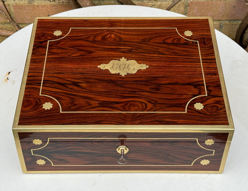 Overhead view of a Very Rare 1816 Edwards Retail Presentation Kingwood Jewellery Box.