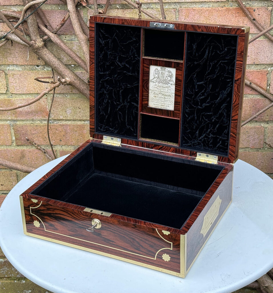 Front right internal view of a Very Rare 1816 Edwards Retail Presentation Kingwood Jewellery Box.