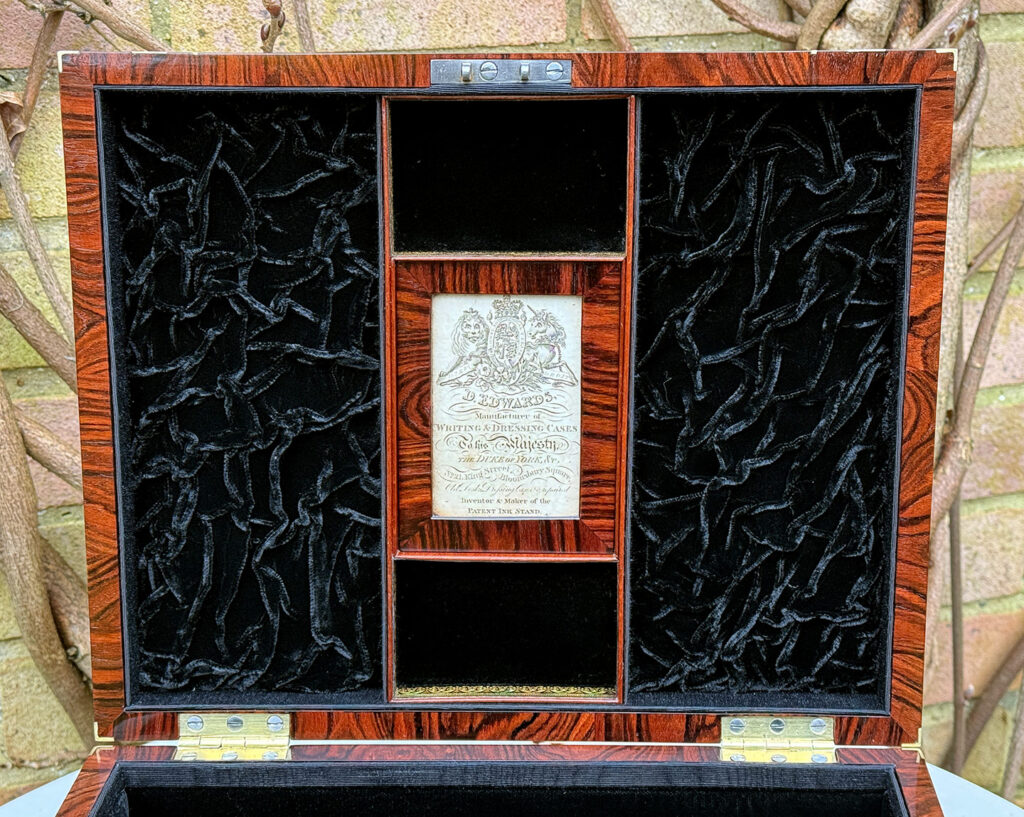 Closer view of the makers label from a Very Rare 1816 Edwards Retail Presentation Kingwood Jewellery Box.