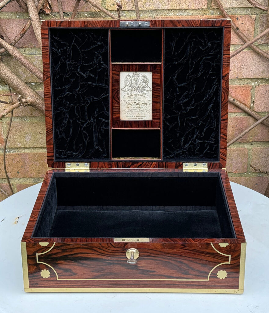 Front internal view of a Very Rare 1816 Edwards Retail Presentation Kingwood Jewellery Box.