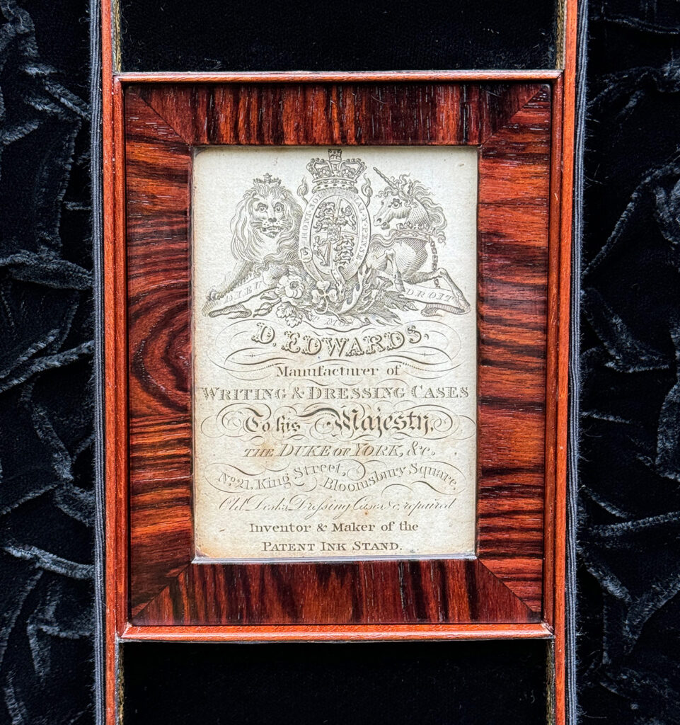 Closer view of the makers label from a Very Rare 1816 Edwards Retail Presentation Kingwood Jewellery Box.
