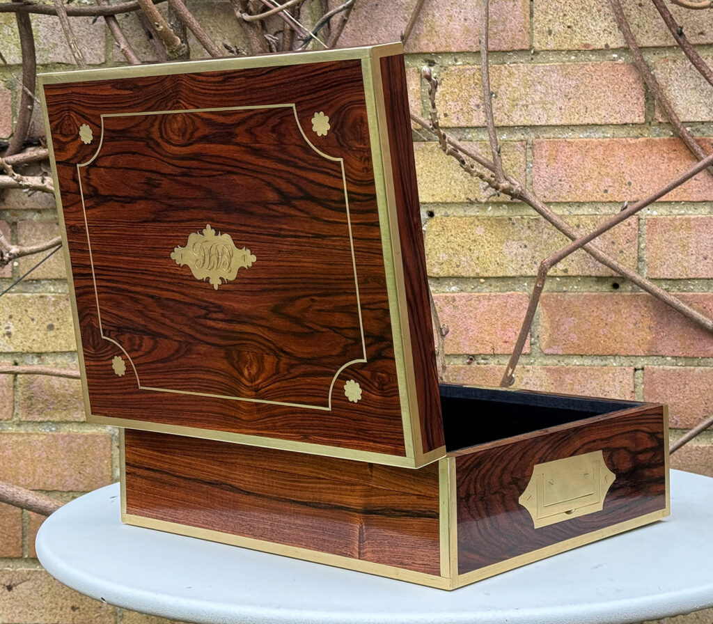Rear open view of a Very Rare 1816 Edwards Retail Presentation Kingwood Jewellery Box.