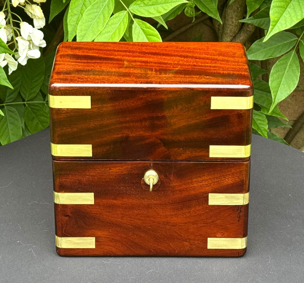 Front view of an Antique Jewellery Strong Box in Cuban Mahogany, by Leuchars.