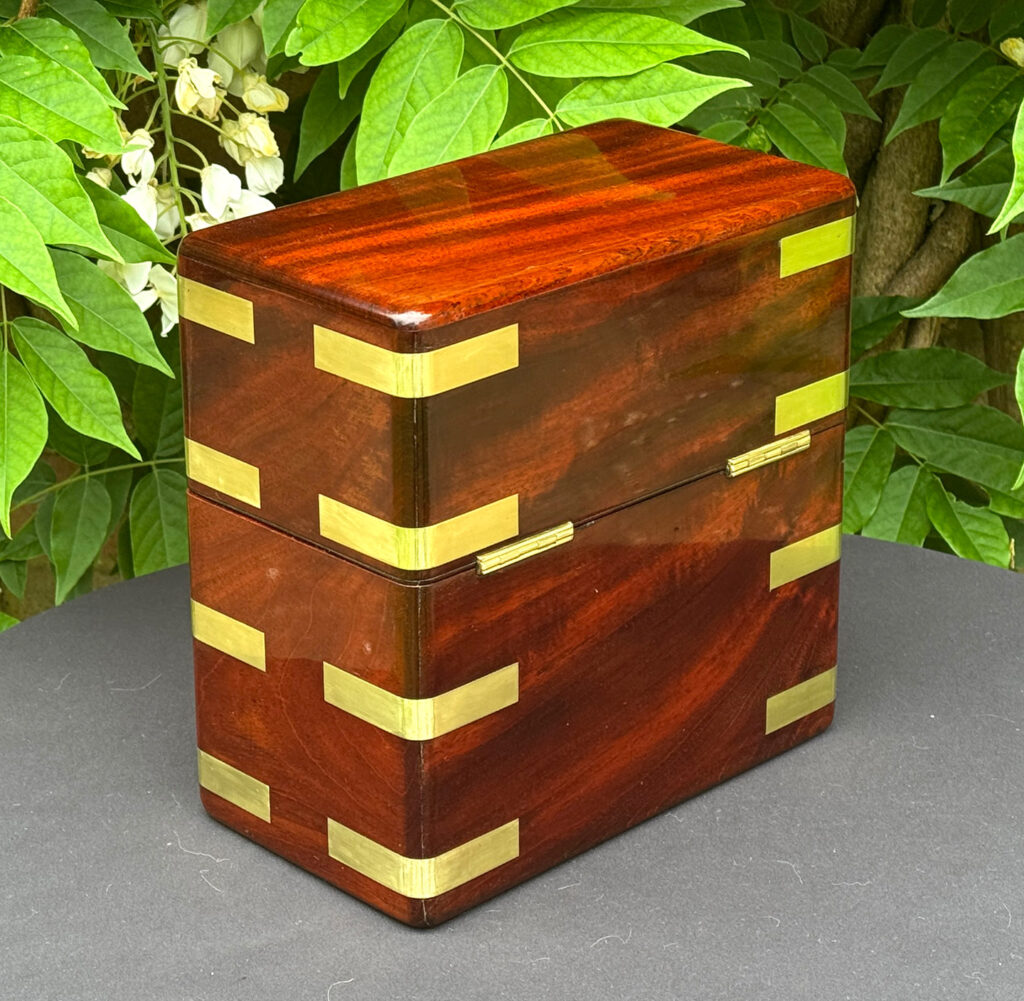 Rear right view of an Antique Jewellery Strong Box in Cuban Mahogany, by Leuchars.