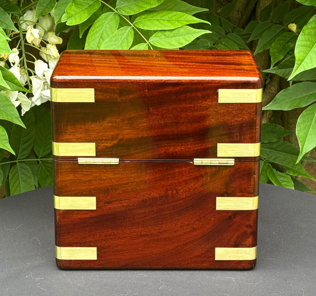 Rear view of an Antique Jewellery Strong Box in Cuban Mahogany, by Leuchars.