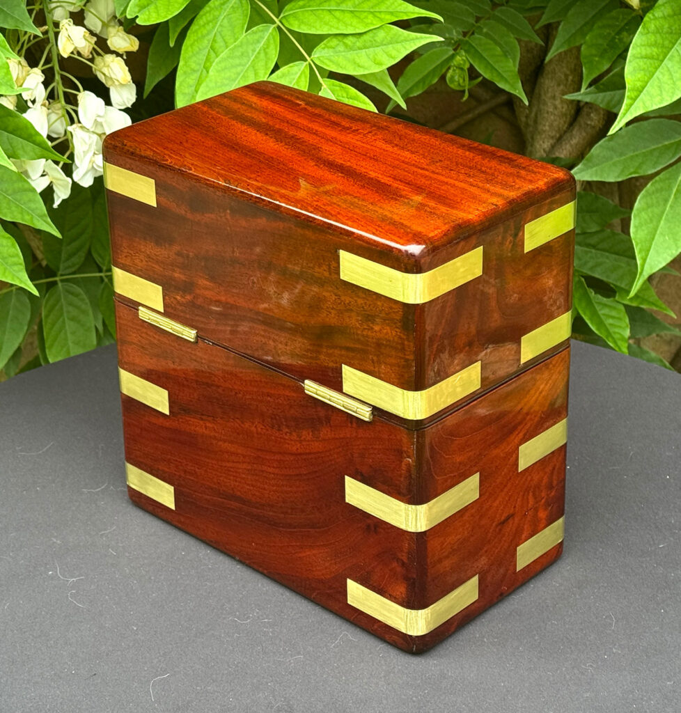 Rear left view of an Antique Jewellery Strong Box in Cuban Mahogany, by Leuchars.