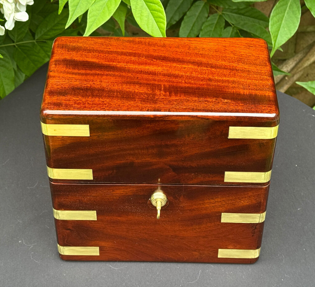 Front overhead view of an Antique Jewellery Strong Box in Cuban Mahogany, by Leuchars.