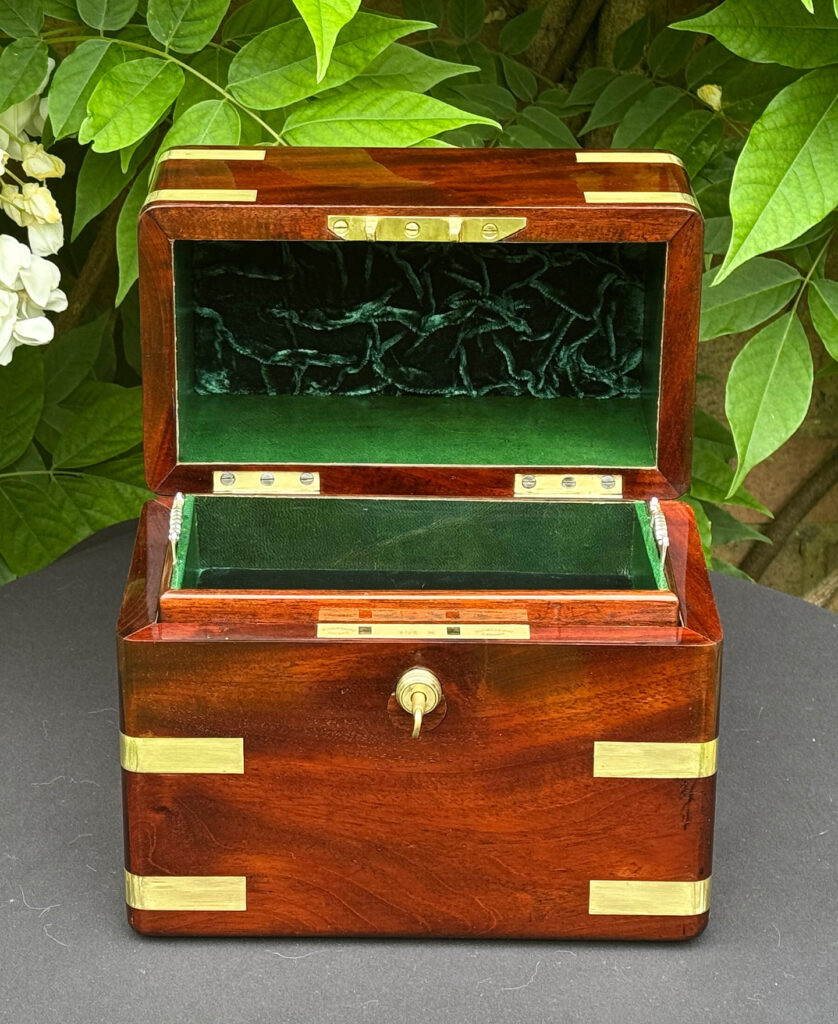 Front internal view of an Antique Jewellery Strong Box in Cuban Mahogany, by Leuchars.