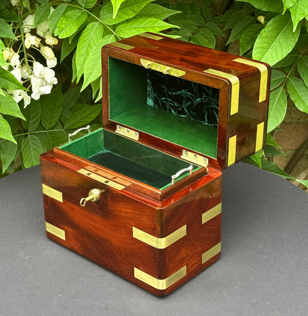 Front right open view of an Antique Jewellery Strong Box in Cuban Mahogany, by Leuchars.