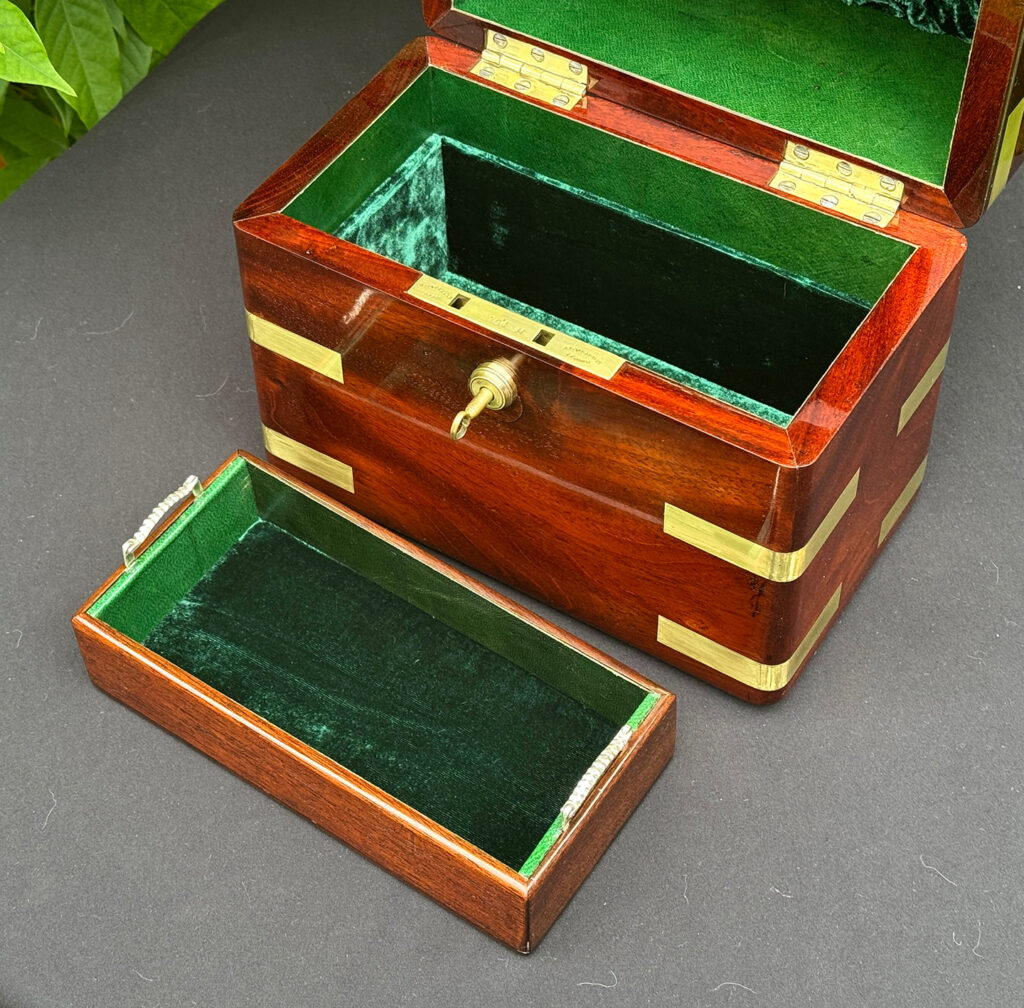 Overhead internal view of an Antique Jewellery Strong Box in Cuban Mahogany, by Leuchars with tray removed.