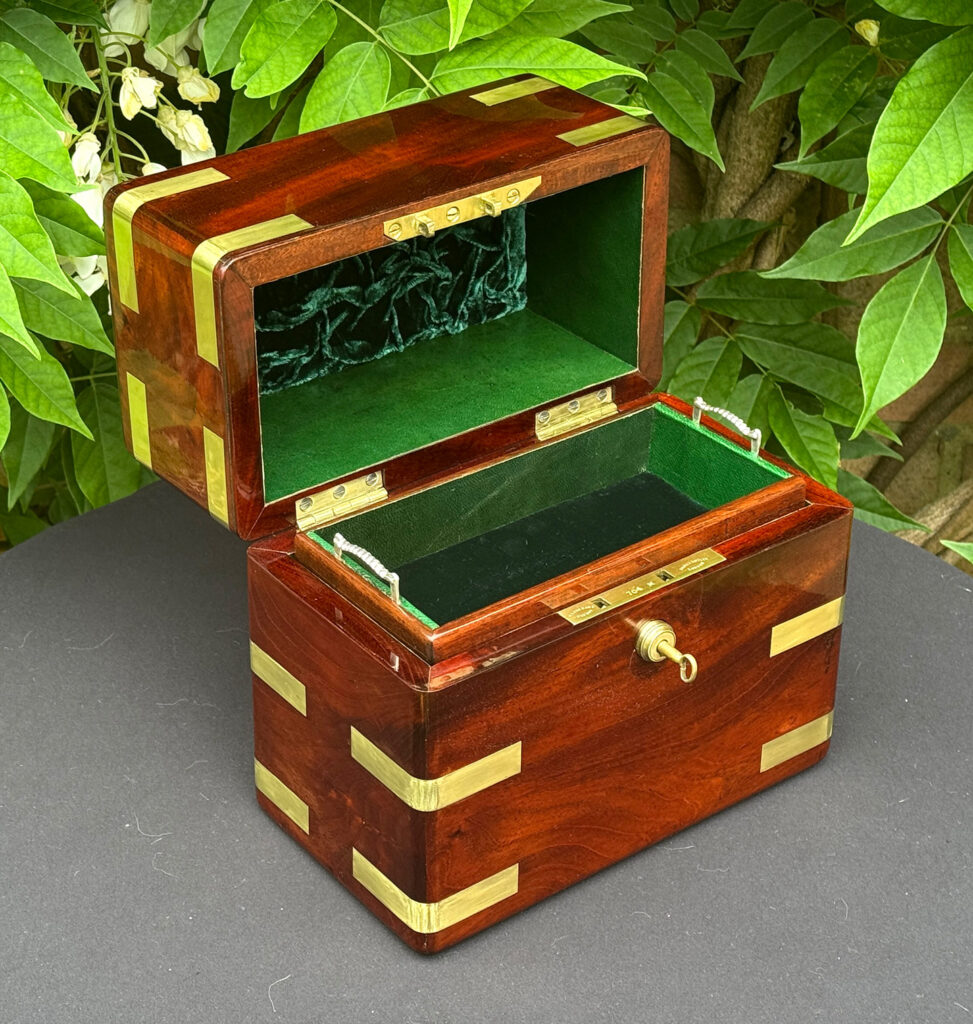 Front left internal view of an Antique Jewellery Strong Box in Cuban Mahogany, by Leuchars.