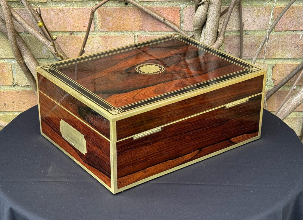 Rear right view of an Antique Jewellery Box in Rosewood with Ebony and Brass Inlay.