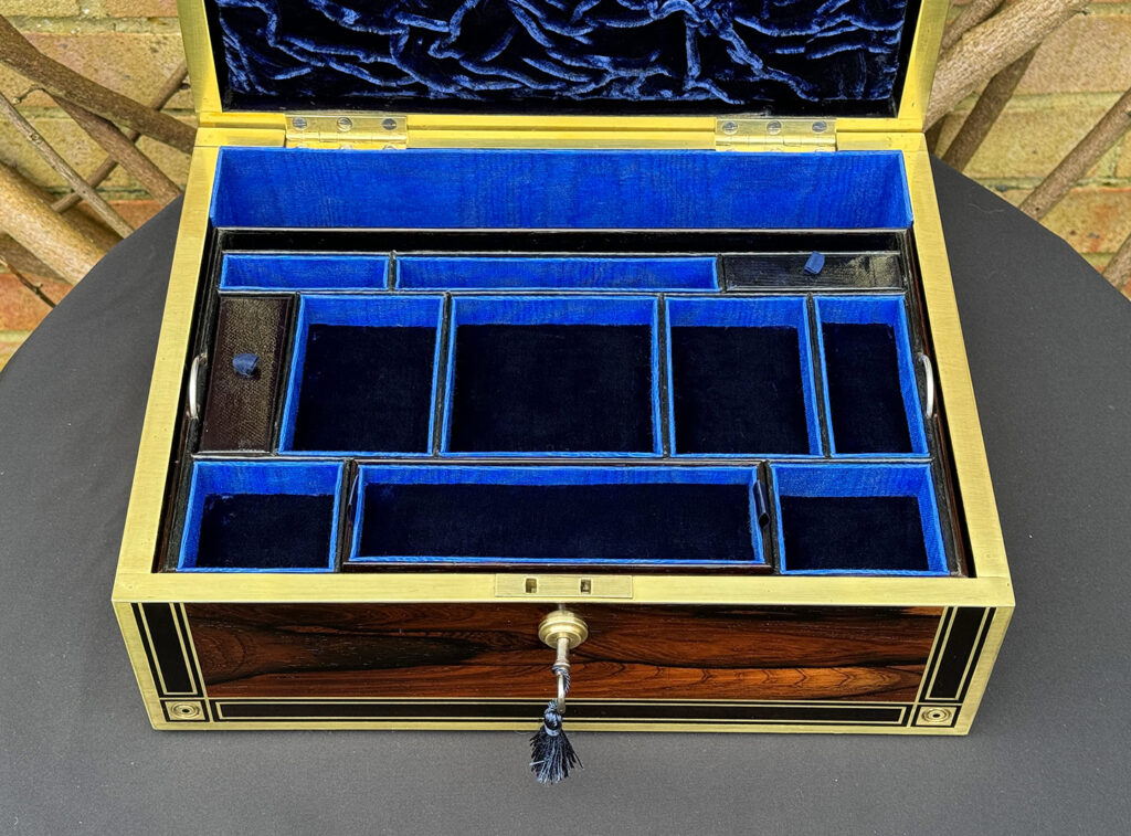 Overhead internal view of an Antique Jewellery Box in Rosewood with Ebony and Brass Inlay.