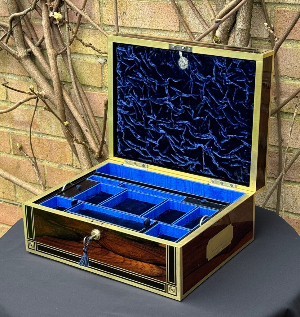 Front right internal view of an Antique Jewellery Box in Rosewood with Ebony and Brass Inlay.
