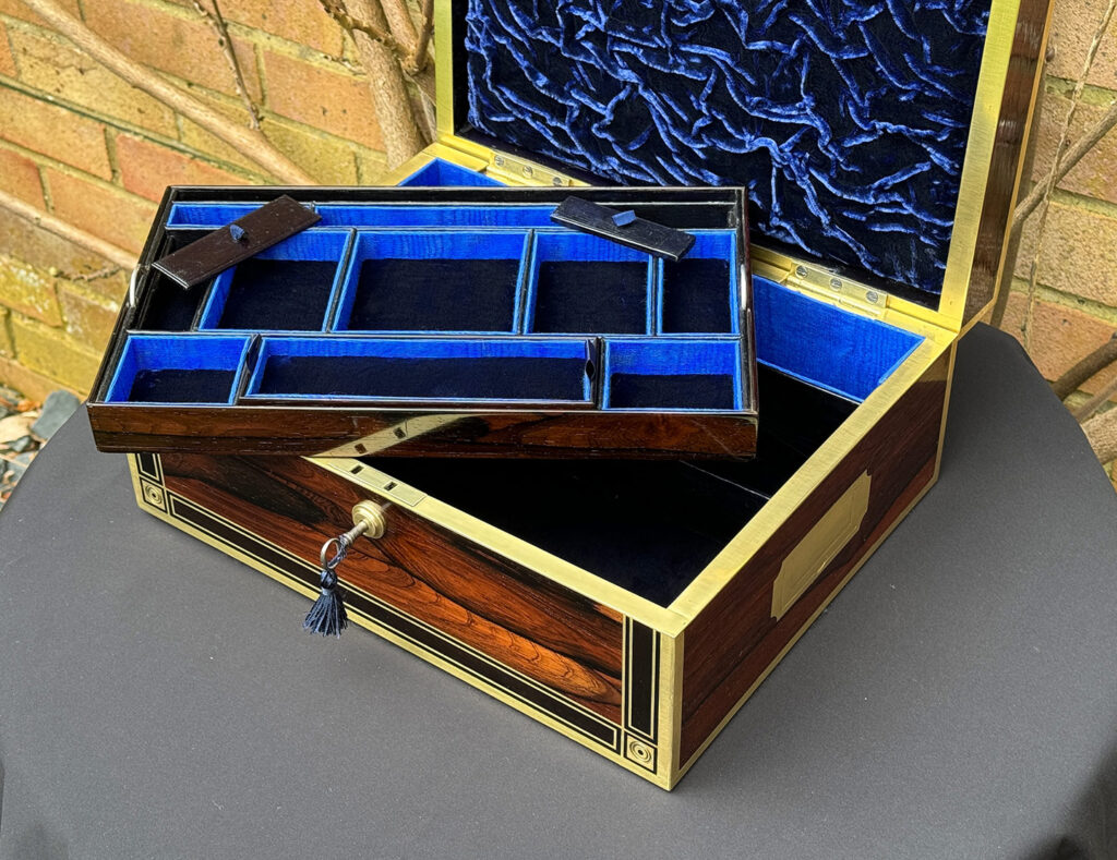 Closer view of an Antique Jewellery Box in Rosewood with Ebony and Brass Inlay with tray removed.