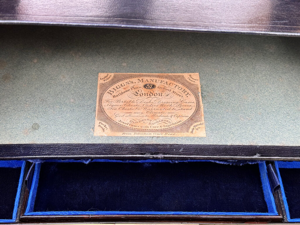Paper makers label from an Antique Jewellery Box in Rosewood with Ebony and Brass Inlay.