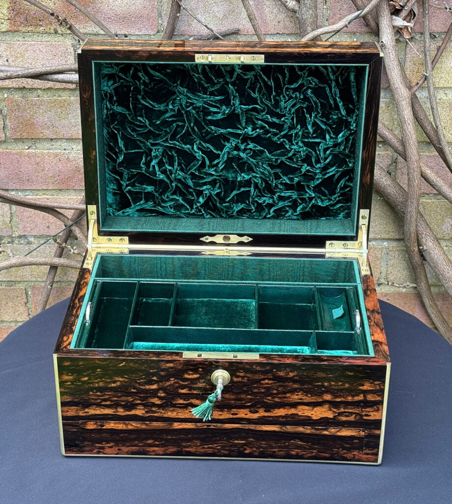 Front internal view of an Antique Jewellery Box in Coromandel, by Halstaff and Hannaford.