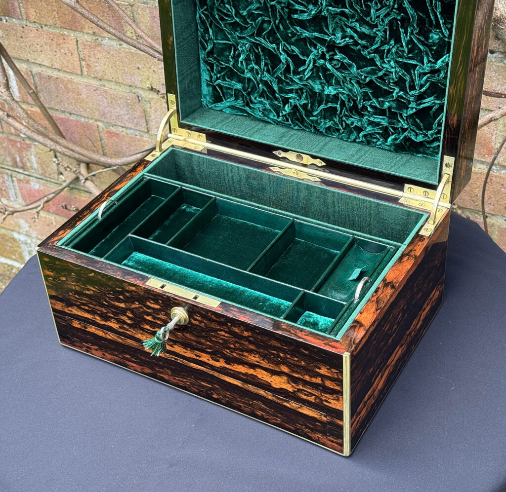 Closer internal view of an Antique Jewellery Box in Coromandel, by Halstaff and Hannaford.