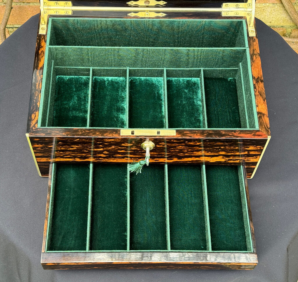 Closer internal view of an Antique Jewellery Box in Coromandel, by Halstaff and Hannaford.