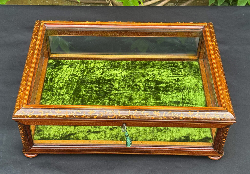 Front overhead view of an Antique Mahogany Glass Display Case with Foliate Marquetry Inlay.