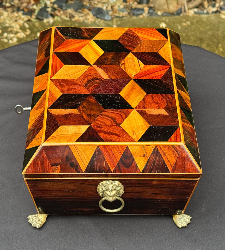 Right overhead view of a Rare George III Antique Jewellery Box with ‘Tumbling Cube’ Parquetry Inlay.