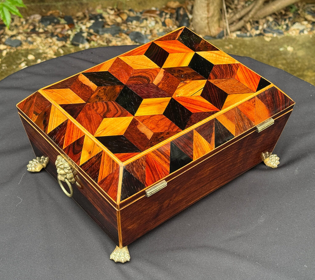 Daniel Lucian Rare George III Antique Jewellery Box with ‘Tumbling Cube’ Parquetry Inlay.