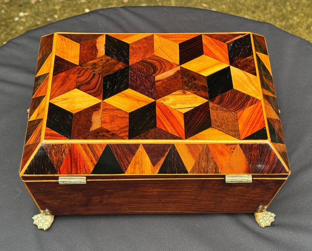 Daniel Lucian Rare George III Antique Jewellery Box with ‘Tumbling Cube’ Parquetry Inlay.