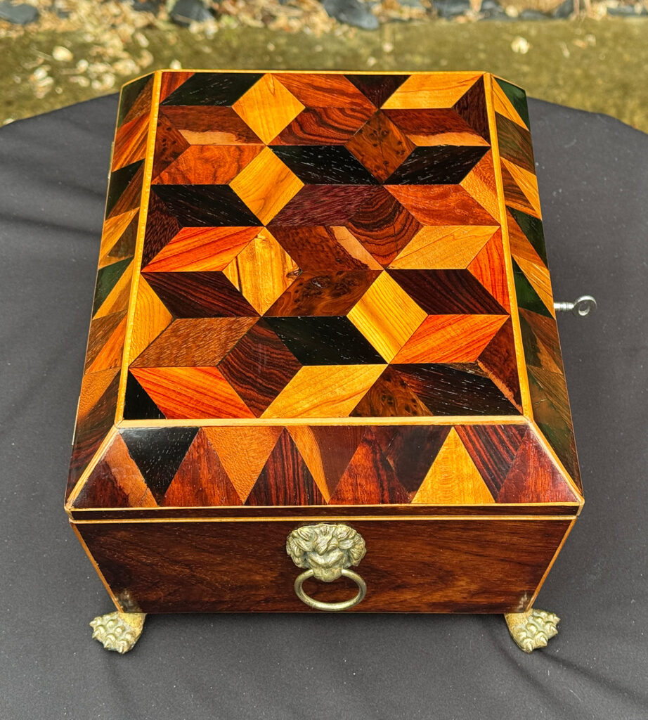 Left overhead view of a Rare George III Antique Jewellery Box with ‘Tumbling Cube’ Parquetry Inlay.