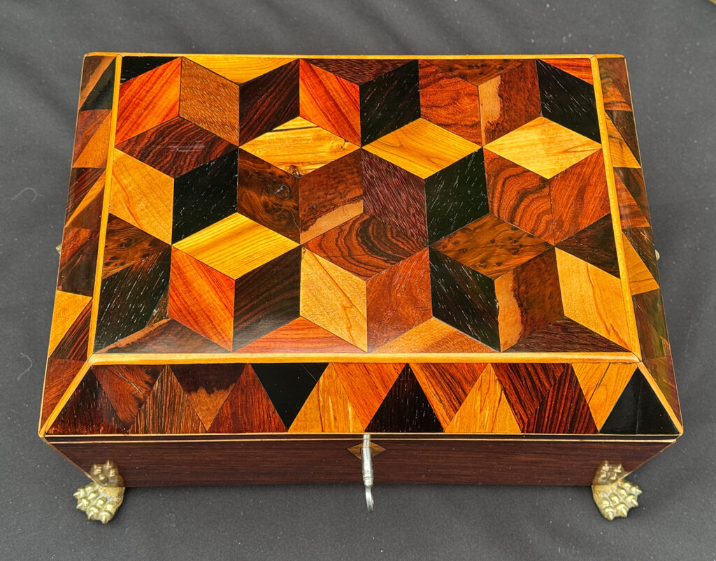 Top view of a Rare George III Antique Jewellery Box with ‘Tumbling Cube’ Parquetry Inlay.