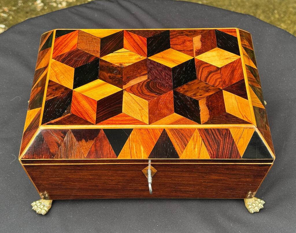 Front overhead view of a Rare George III Antique Jewellery Box with ‘Tumbling Cube’ Parquetry.