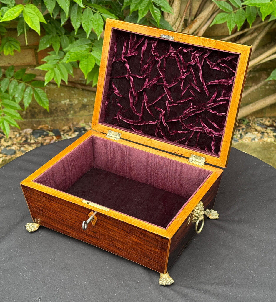 Front right internal view of a Rare George III Antique Jewellery Box with ‘Tumbling Cube’ Parquetry Inlay.