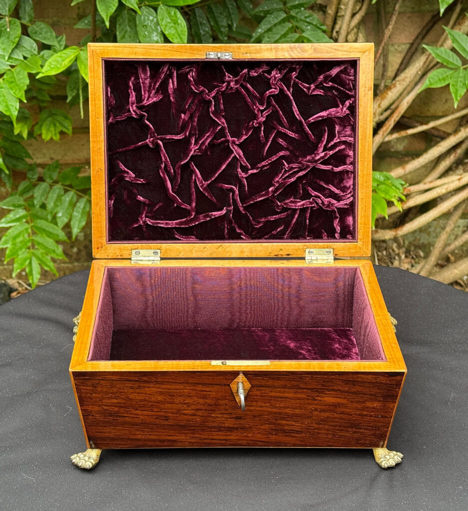 Front open view of a Rare George III Antique Jewellery Box with ‘Tumbling Cube’ Parquetry Inlay.
