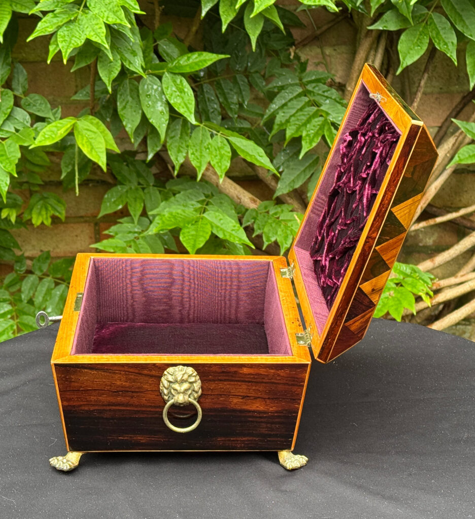 Right side internal view of a Rare George III Antique Jewellery Box with ‘Tumbling Cube’ Parquetry Inlay.