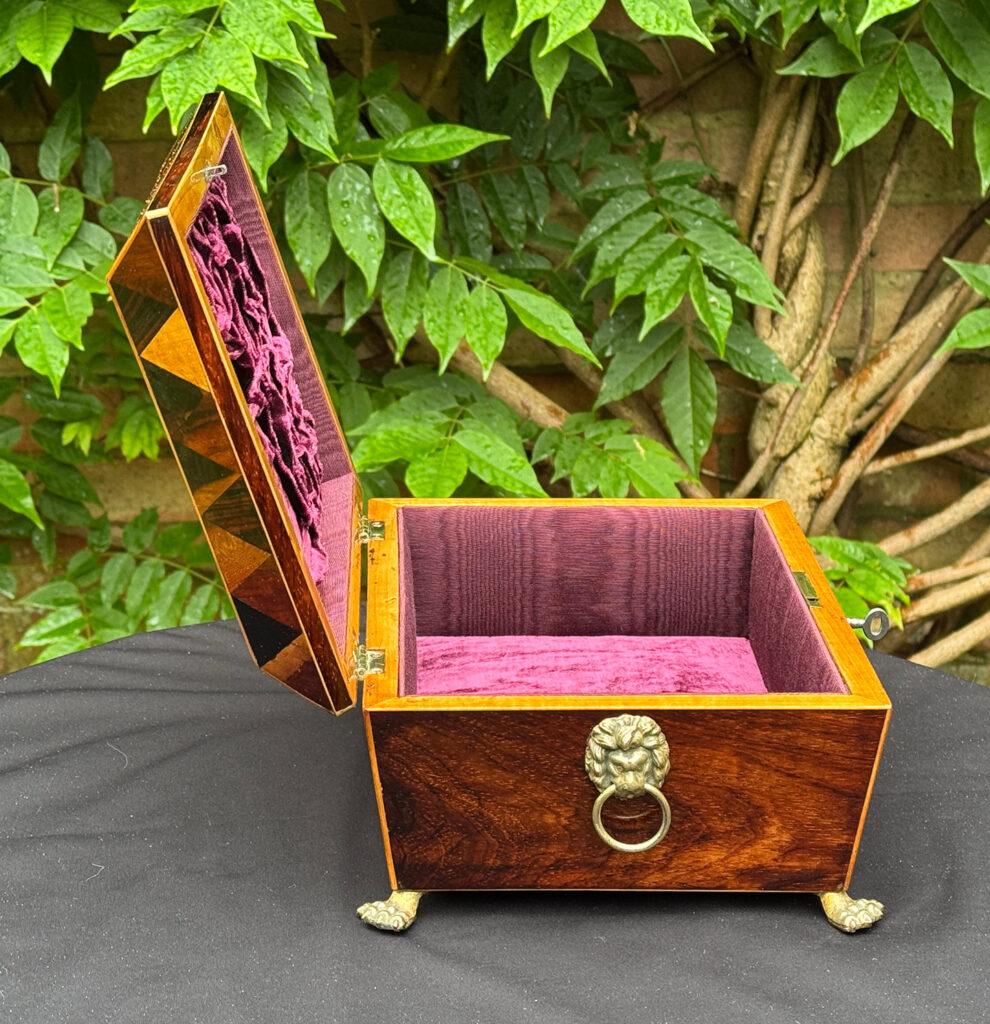 Left side internal view of a Rare George III Antique Jewellery Box with ‘Tumbling Cube’ Parquetry Inlay.