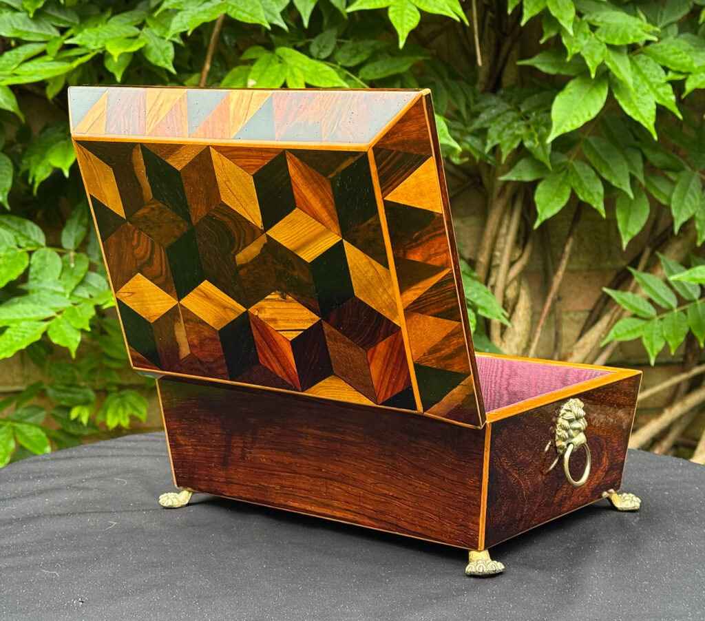 Rear left open view of a Rare George III Antique Jewellery Box with ‘Tumbling Cube’ Parquetry Inlay.