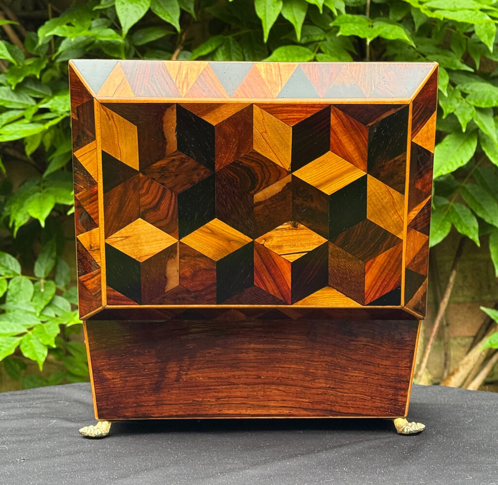 Rear open view of a Rare George III Antique Jewellery Box with ‘Tumbling Cube’ Parquetry Inlay.