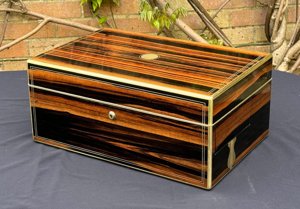 Front right view of an Extra Large Antique Expanding Jewellery Box in Calamander.
