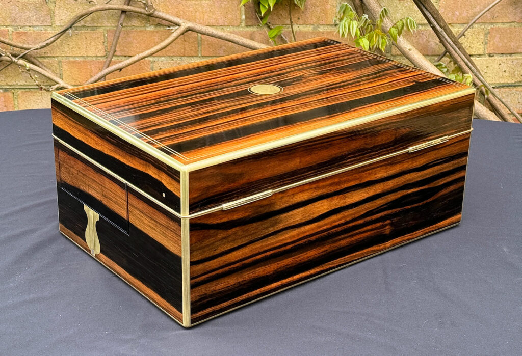 Rear right view of an Extra Large Antique Expanding Jewellery Box in Calamander.