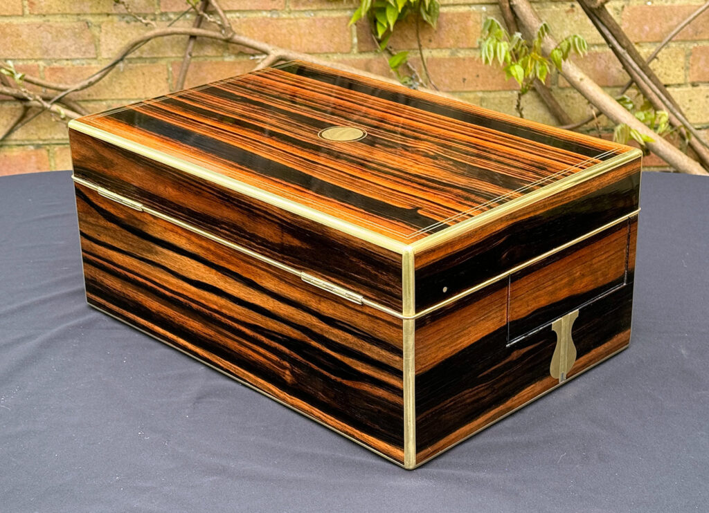 Rear left view of an Extra Large Antique Expanding Jewellery Box in Calamander.